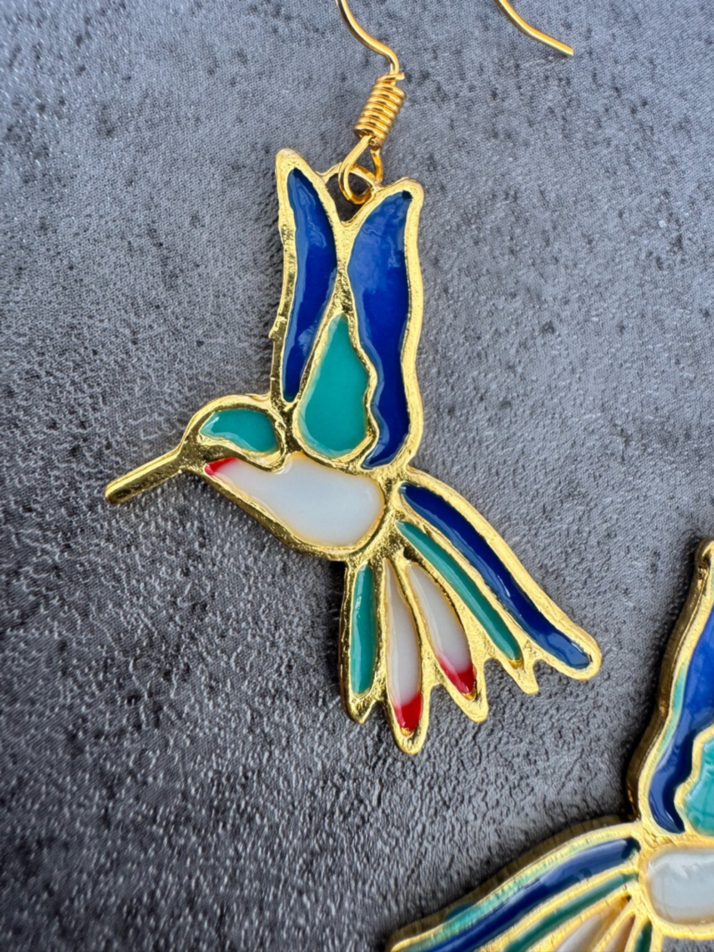 Gold-Tone Multicolor Hummingbird Enamel Drop Earrings - Blue & Green - Picture 4 of 5